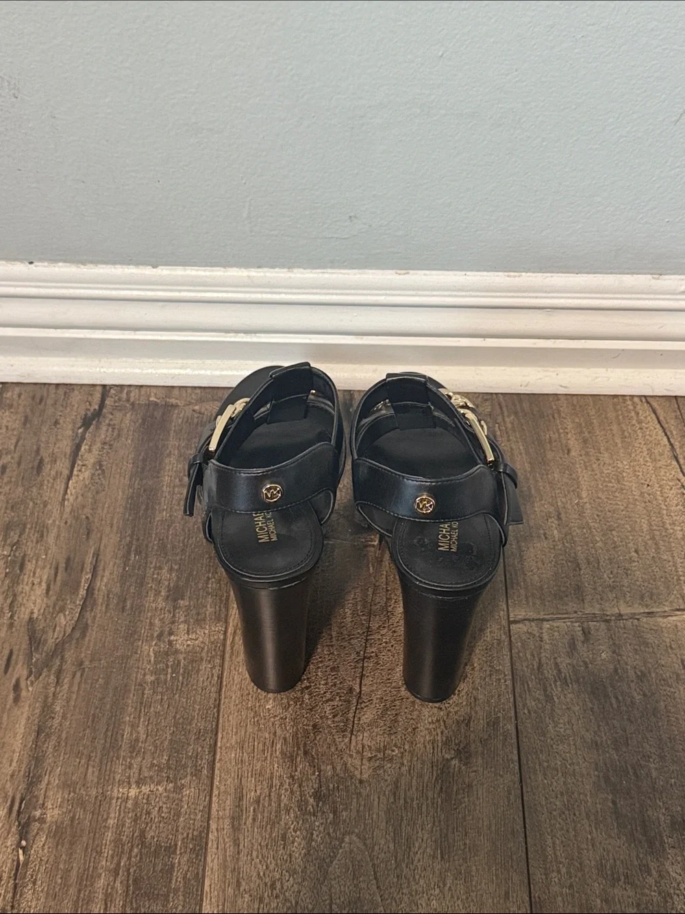 Michael Kors Black Platform Sandals with Gold Chain
